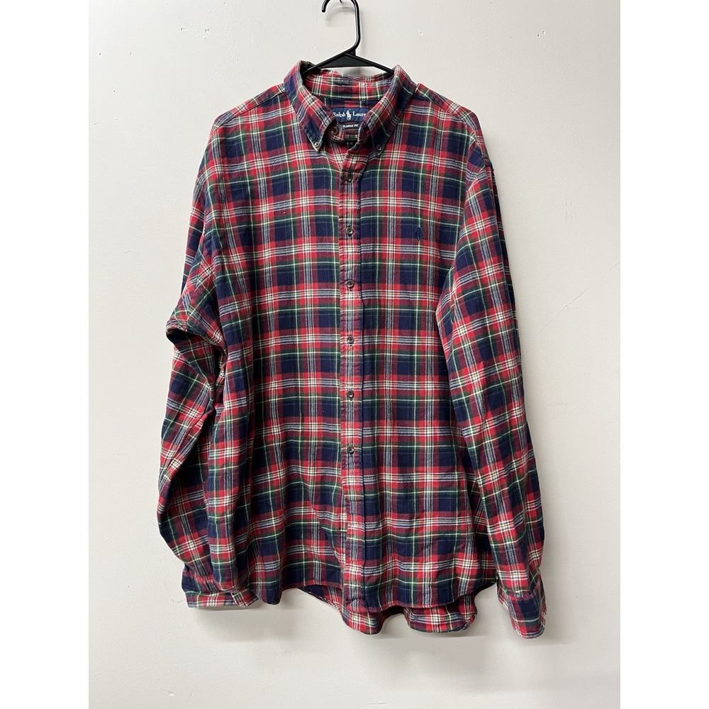 Men's Polo Ralph Lauren Green Red Blue Flannel Shirt Xxl 100% Cotton
